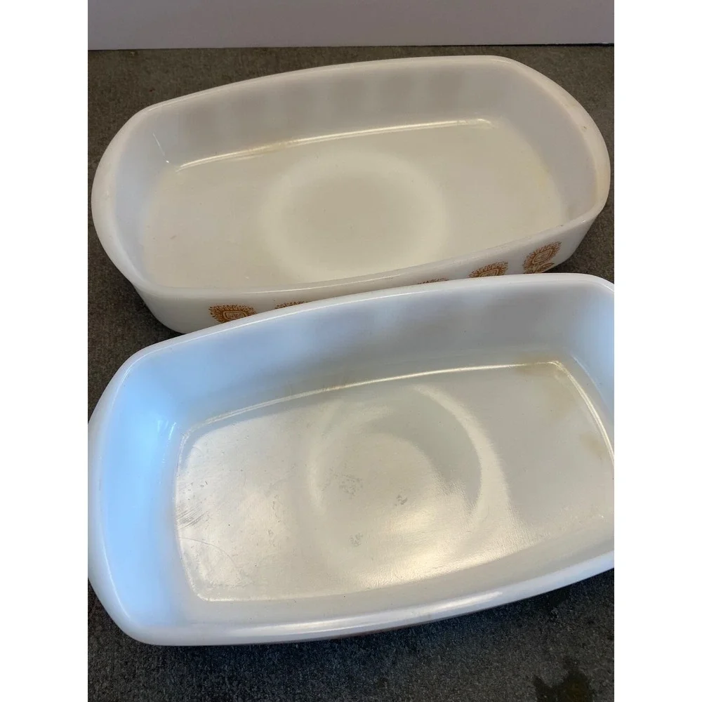 2 Vintage Federal Glass Baking Dish Loaf Pan White Connoisseur Brown Sunflowers